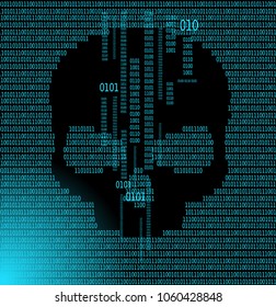 Calavera humana de fondo digital. Concepto de seguridad de la red, virus informáticos, ciberataques.