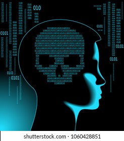 Menschlicher Schädel auf digitalem Hintergrund. Konzept der Netzwerksicherheit, Computer-Virus, Cyber-Angriff.