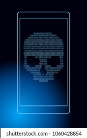 Calavera humana de fondo digital. Concepto de seguridad de la red, virus informáticos, ciberataques.
