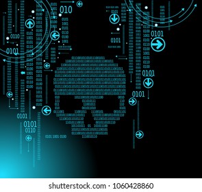 Human Skull In Digital Background. Concept Of Network Security,  Computer Virus, Cyber Attack.