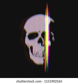 Human skull in distorted glitch style on black background. Modern design element for branding, cover, poster, print textile. Stylish vector illustration.