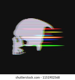 Human skull in distorted glitch style on black background. Modern design element for branding, cover, poster, print textile. Stylish vector illustration.