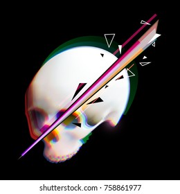 Human skull in distorted glitch style on black background. Modern design element for branding, cover, poster, print textile. Stylish vector illustration.