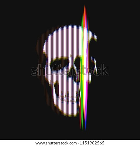 Human skull in distorted glitch style on black background. Modern design element for branding, cover, poster, print textile. Stylish vector illustration.