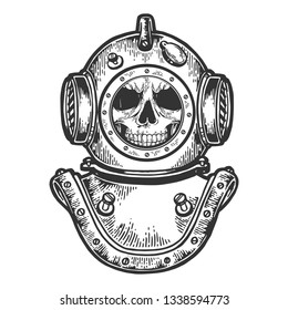 Human skull diving helmet sketch engraving vector illustration. Scratch board style imitation. Hand drawn image.