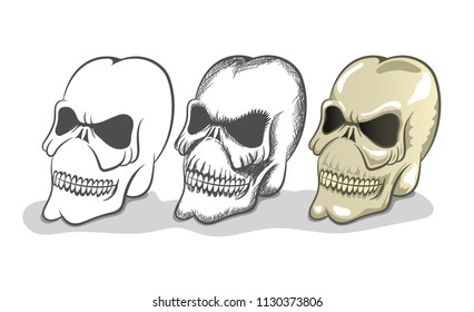 A human skull drawn by hand, a contour and a colored skull