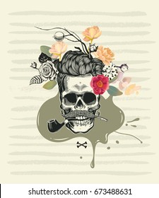 Human skull drawn in retro etching style with half-colored roses decorating its hair, smoking pipe in mouth and mustache against marsh green paint traces and blot on background. Vector illustration.