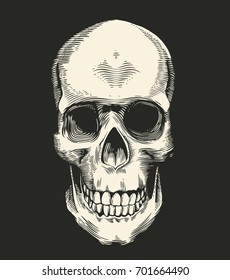 Human skull drawn in retro etching style isolated on black background, front view. Concept of horror and evil. Monochrome vector illustration for postcard, logotype, banner, tattoo, T-shirt print