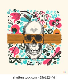 Human skull drawn in vintage engraving style, translucent orange band and triangle on background with flowers and insects. Kitschy vector illustration in pop art style for postcard, flyer, invitation.