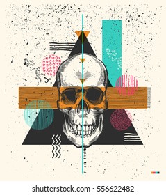 Human skull drawn in woodcut retro style and triangles, rectangles and circles of different colors and textures on background. Modern vector illustration in 1990s style for flyer, print, postcard.