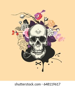 Human skull drawn in woodcut style smokes fuming tobacco pipe against bunch of semi-colored flowers and black blot on background. Vector illustration for banner, poster, t-shirt print, postcard.