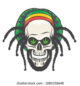 Human Skull with dredlocks in rastaman hat. Vector illustration.