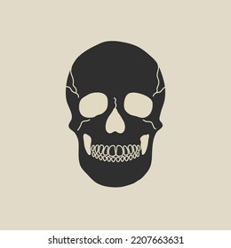 Human Skull element in modern style flat line. Hand drawn vintage vector illustration of old human skull bones, dead man head cartoon design. Vintage patch, badge, emblem, logo.