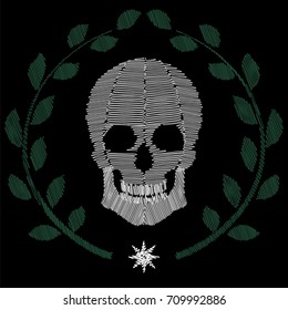 Human skull embroidery on black background. Stock vector illustration of skeleton part surrounded by green leaves in folk fashion ornament for clothes decoration in brutal style.