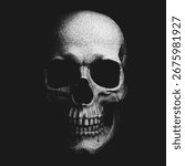 Human skull emerging from darkness in grunge stippling style. Rough dramatic retro styled dotwork for gothic posters, t-shirts prints, album cover. Pointillism. Noisy grainy shading using dots. Vector