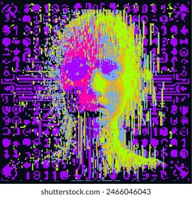 Human skull emerging from a distorted human face with neon glitch noise in the background. Vector illustration dedicated to the problems of malware and ransomware.