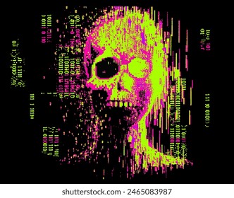 A human skull emerging out of neon glitch noise. A vector illustration tackling an issue of the relations between technology and human body.