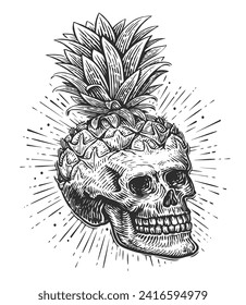 Human skull engraving. Skeleton head pineapple. Hand drawn sketch vintage vector illustration