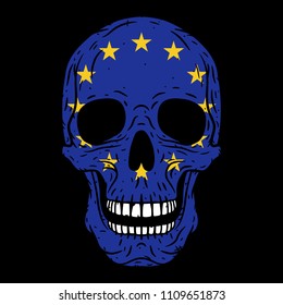 
Human skull with European Union flag isolated on black background. Vector skull. Cartoon skull. Skull logo.