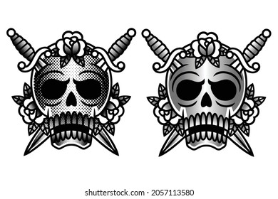 Human skull, exotic tropical Hibiscus flowers. Halftone and Gradient color, cloth design, poster, hand drawn style t-shirt print. Vector illustration.
