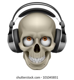 Human skull with eye and music headphones. Illustration on white