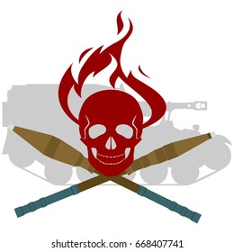 Human skull with fire and anti-tank grenades RPG on the background of armored vehicles. The illustration on a white background.