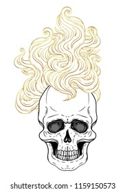 Human skull with fire or hair. Demon, fairy tale character. Mystical circle. Esoteric. Monochrome and gold drawing isolated on white. Vector illustration. Poster, t-shirt print design.