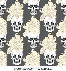 Human skull with fire or hair. Demon, fairy tale character.Mystic, magic, background. Religion and the occultism with esoteric and masonic symbols. Vector seamless pattern in retro style. 