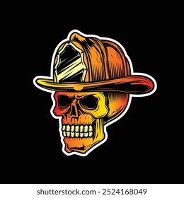 Cráneo humano en un casco de fuego. Bombero. Ilustración vectorial original en estilo vintage aislado sobre fondo negro. Diseño de camiseta. ¡Dibujado a mano, no por la IA!