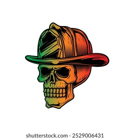 Cráneo humano en un casco de fuego. Bombero. Ilustración vectorial original en estilo vintage. Diseño de camiseta. Dibujado a mano, no AI