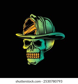 Cráneo humano en un casco de fuego. Bombero. Ilustración vectorial original en estilo vintage aislado sobre fondo negro. Diseño de camiseta. Dibujado a mano, no AI