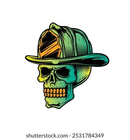 Cráneo humano en un casco de fuego. Bombero. Ilustración vectorial original en estilo vintage aislado sobre fondo blanco. Diseño de camiseta. Dibujado a mano, no AI