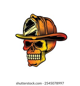 Cráneo humano en un casco de fuego. Bombero. Ilustración vectorial original en estilo vintage aislado sobre fondo blanco. Diseño de camiseta. Dibujado a mano, no AI