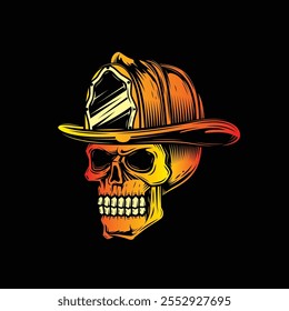 Cráneo humano en un casco de fuego. Bombero. Ilustración vectorial original en estilo vintage aislado sobre fondo negro. Diseño de camiseta. Dibujado a mano, no AI