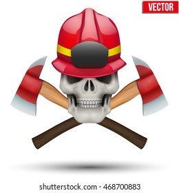 Human skull with fireman helmet and axes. Firefighter in style of the Jolly Roger. The symbol of strength and power. Vector illustration Isolated on white background.