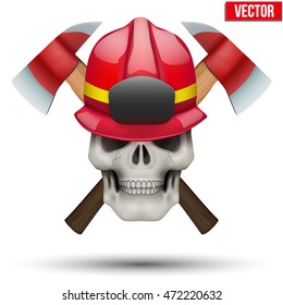 Human skull with fireman helmet and axes. Firefighter in style of the Jolly Roger. The symbol of strength and power. Vector illustration Isolated on white background.