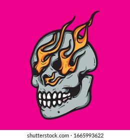 Human skull with fires come out from eyes and nose. Motorbike emblem concept. Vector illustration isolated on pink background