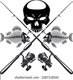 human skull and fish skeleton with crossing fishing rod and reel svg