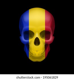 Human skull with flag of Romania. Threat to national security, war or dying out