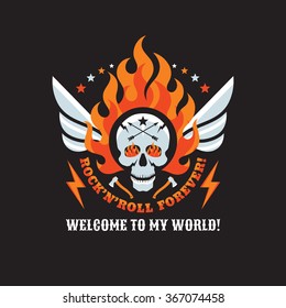 Human skull and flame of fire - rock'n'roll and heavy metal music - creative vector badge for t-shirt print design. Welcome to may world! Halloween illustration. 