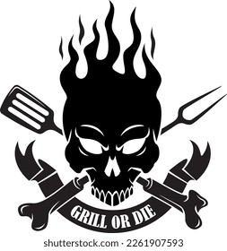 human skull in flames with crossed fork and spatula