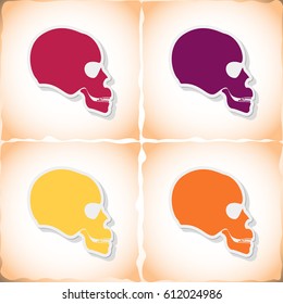 Human skull. Flat sticker with shadow on old paper. Vector illustration