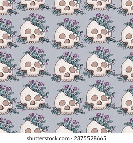 Human skull in a floral frame print. Bright vector illustration seamless pattern.