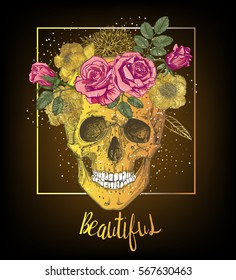 human skull with floral wreath