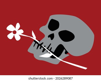 Human skull with a flower in his teeth. Vector image for prints, poster and illustrations.