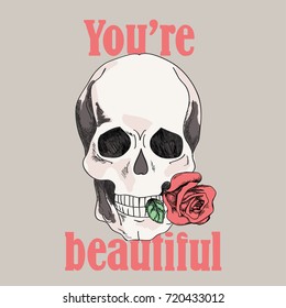 Human skull with a flower in the teeth. Embroidery or drawing for a bomb, T-shirts and other clothes. Vector card