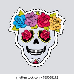 Human skull and flower wreath. Cut it out. Illustration of isolated cranium decorated with blossoms. Colourful roses with leaves. Flowers instead of eyes. Cartoon design. Patch. Flat style. Vector