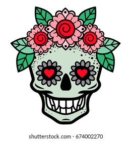 Human skull in flower wreath isolated vector illustration.