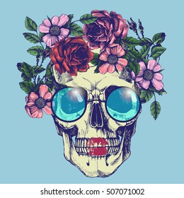 Human skull with flower wreath, lip imprint and round blue sunglasses. Los muertos. Hippie dead. Vector illustration.