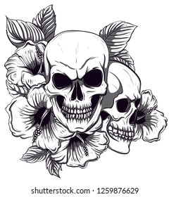 Human skull and flower wreath. Los muertos. Vector illustration.